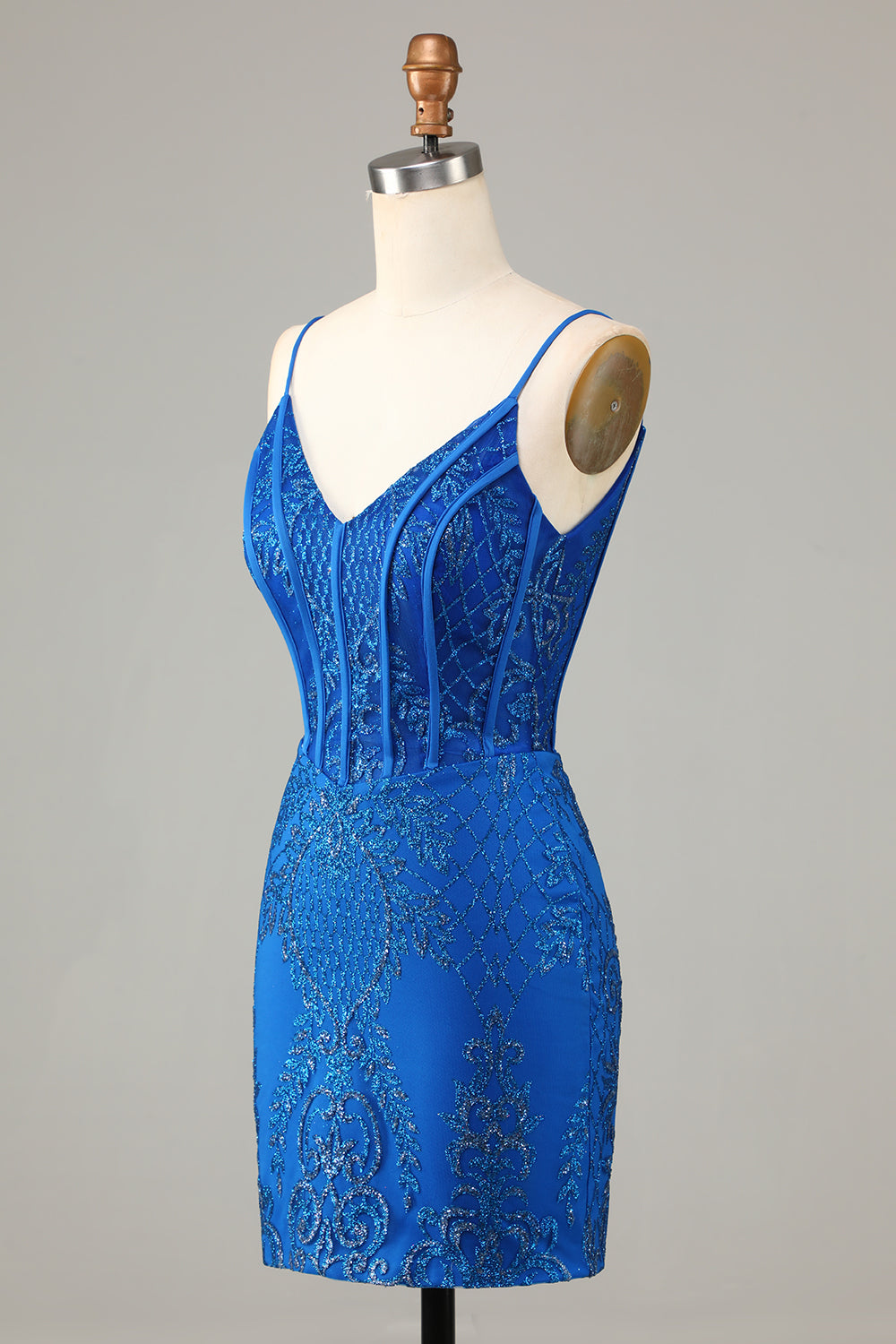 Sparkly Beaded Spaghetti Straps Tight Short Homecoming Dress V-neck