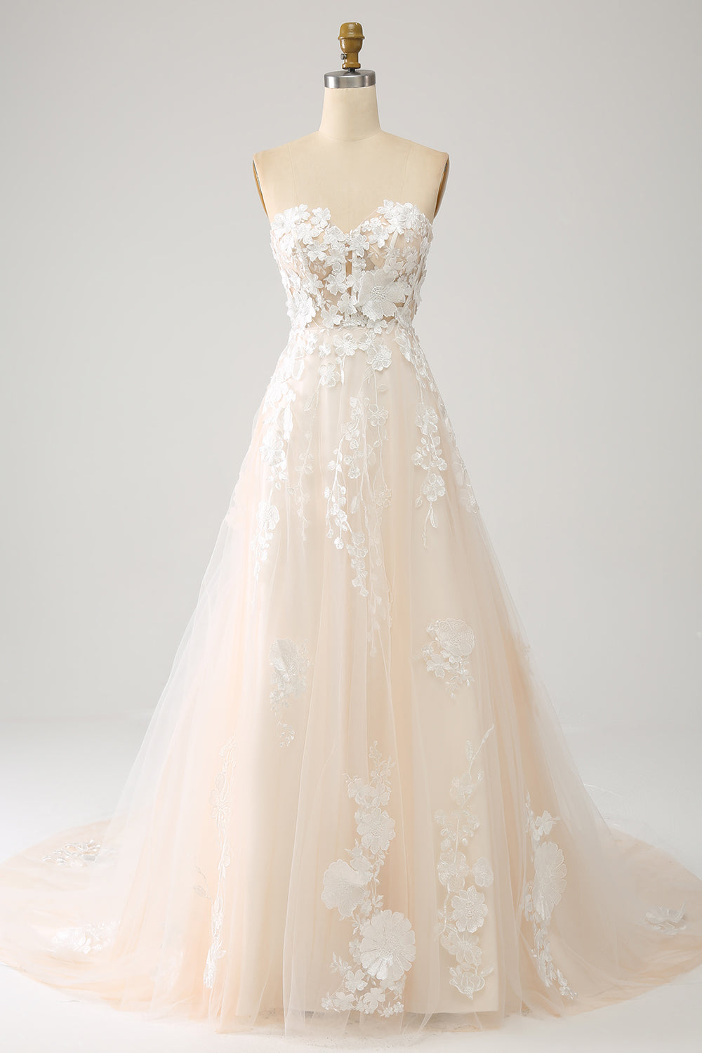 A-Line Sweetheart Corset Long Sweep Train Tulle Wedding Dress With Appliques Off Shoulder
