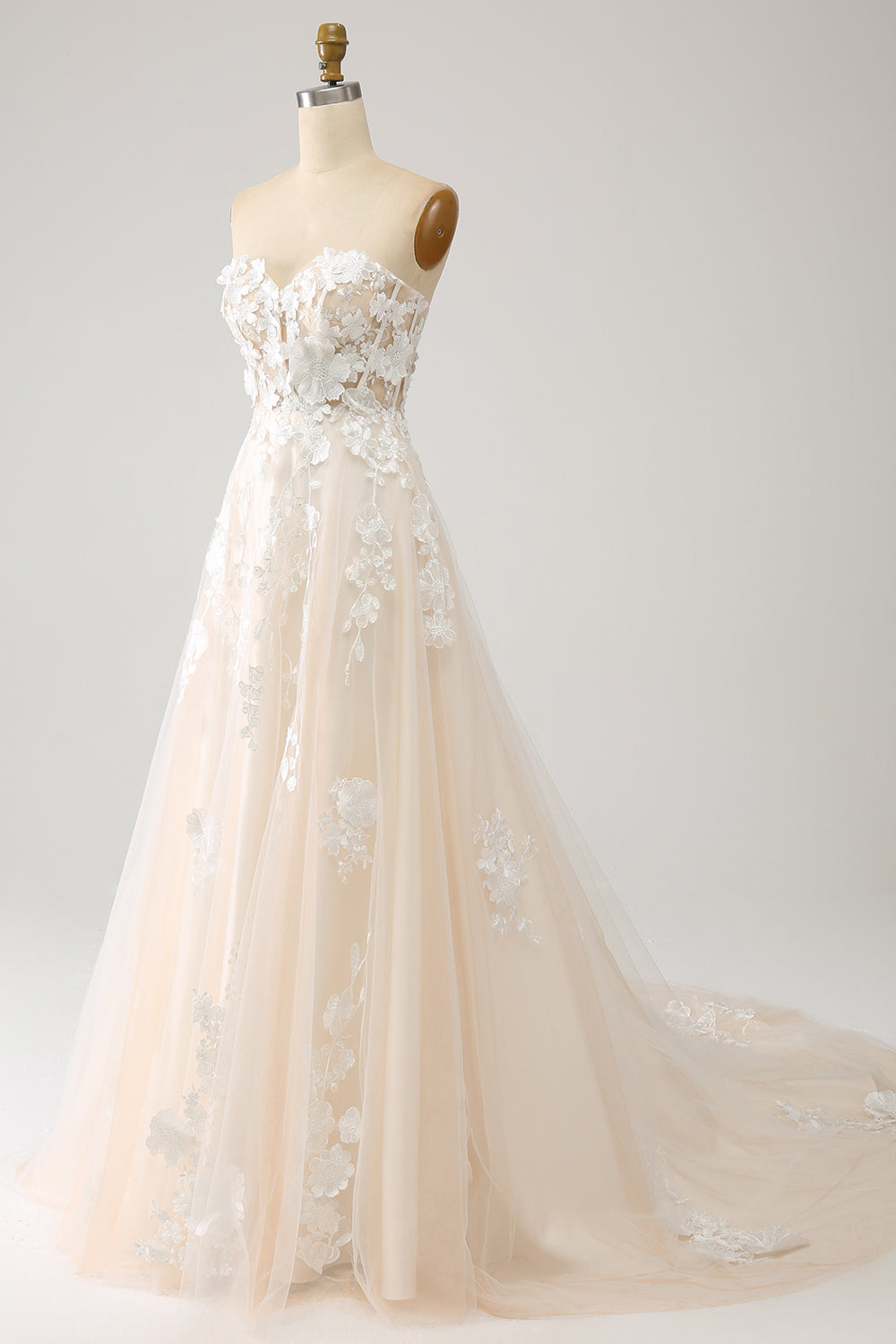 A-Line Sweetheart Corset Long Sweep Train Tulle Wedding Dress With Appliques Off Shoulder