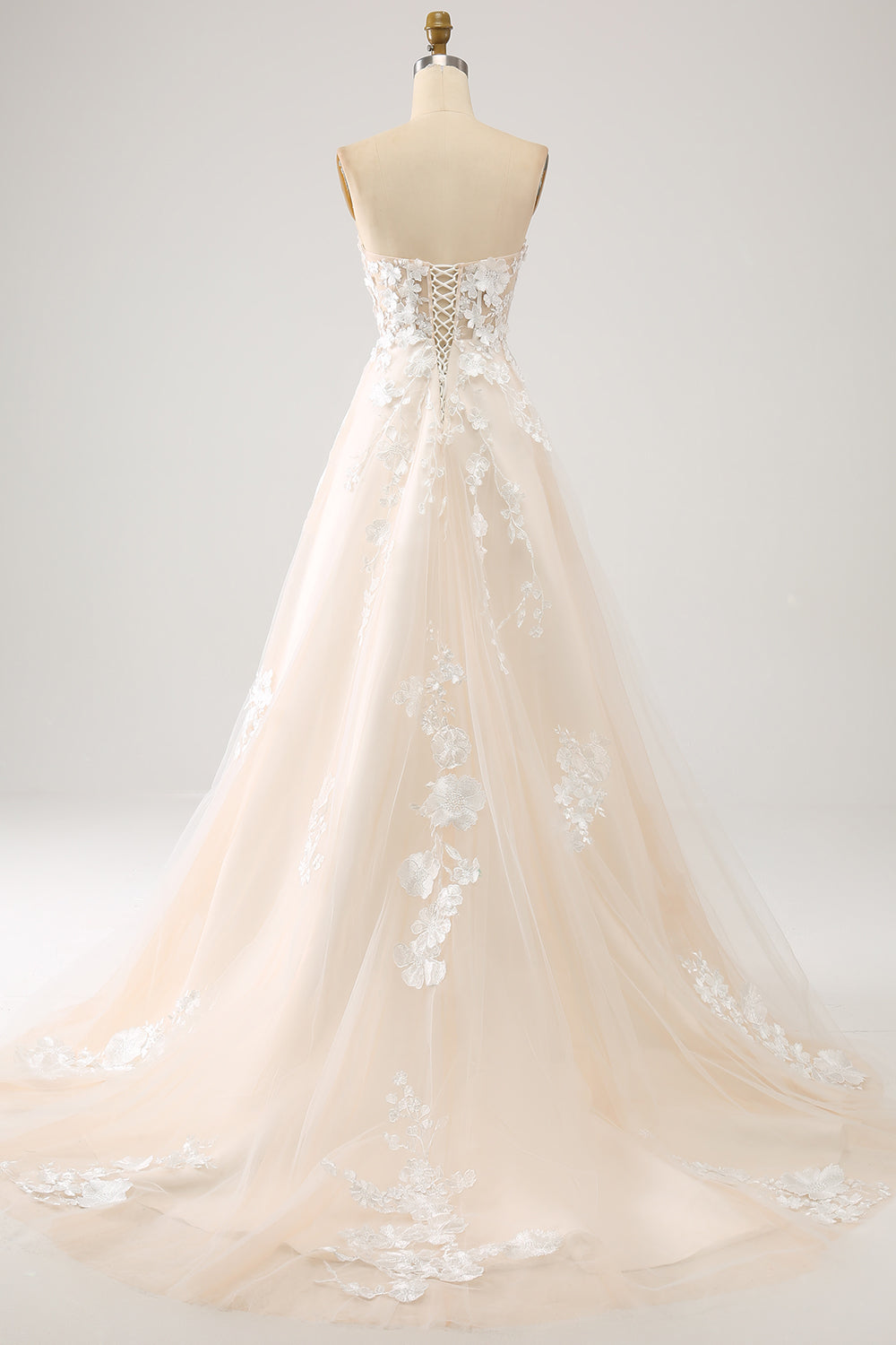 A-Line Sweetheart Corset Long Sweep Train Tulle Wedding Dress With Appliques Off Shoulder