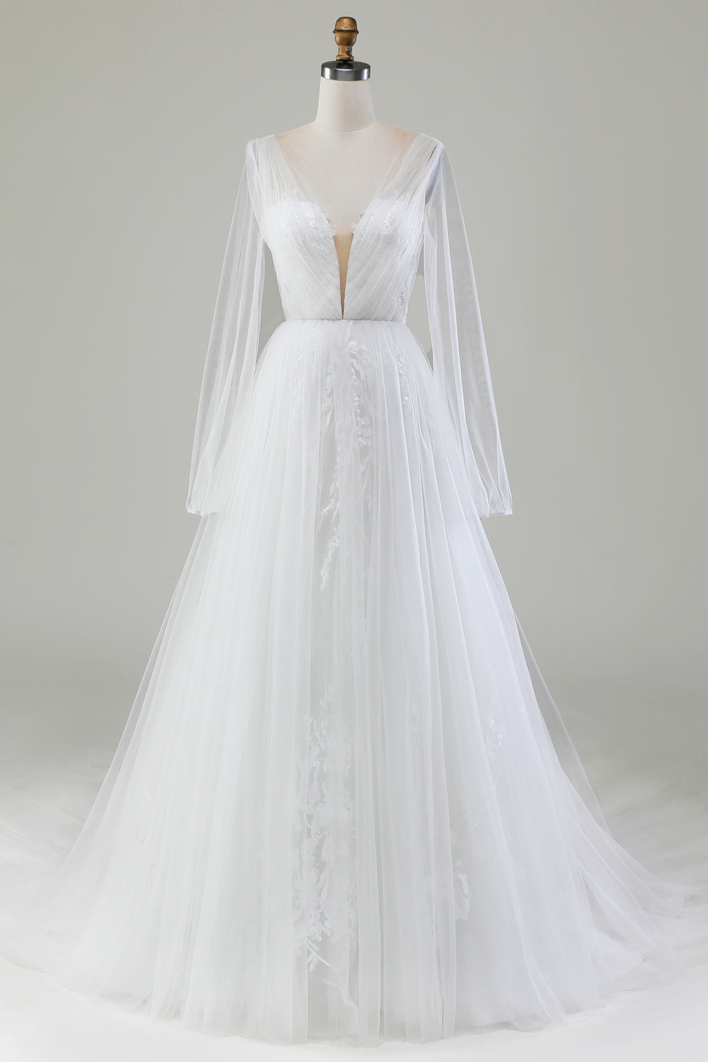 A-Line V-Neck Tulle Sweep Train Wedding Dress With Long Sleeves Sexy
