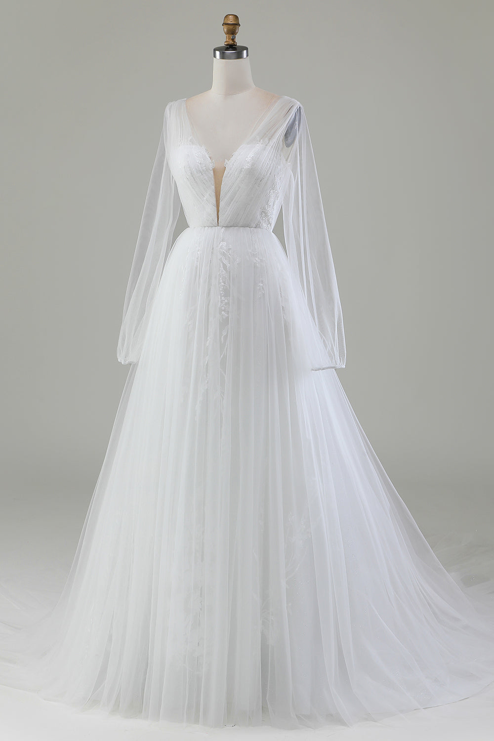 A-Line V-Neck Tulle Sweep Train Wedding Dress With Long Sleeves Sexy