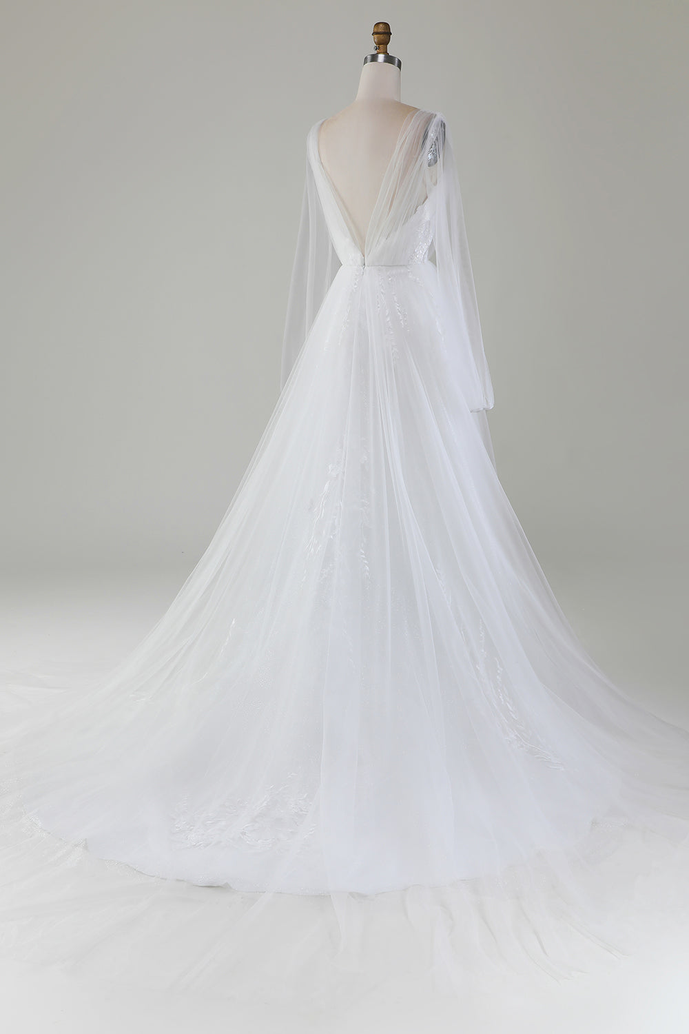 A-Line V-Neck Tulle Sweep Train Wedding Dress With Long Sleeves Sexy