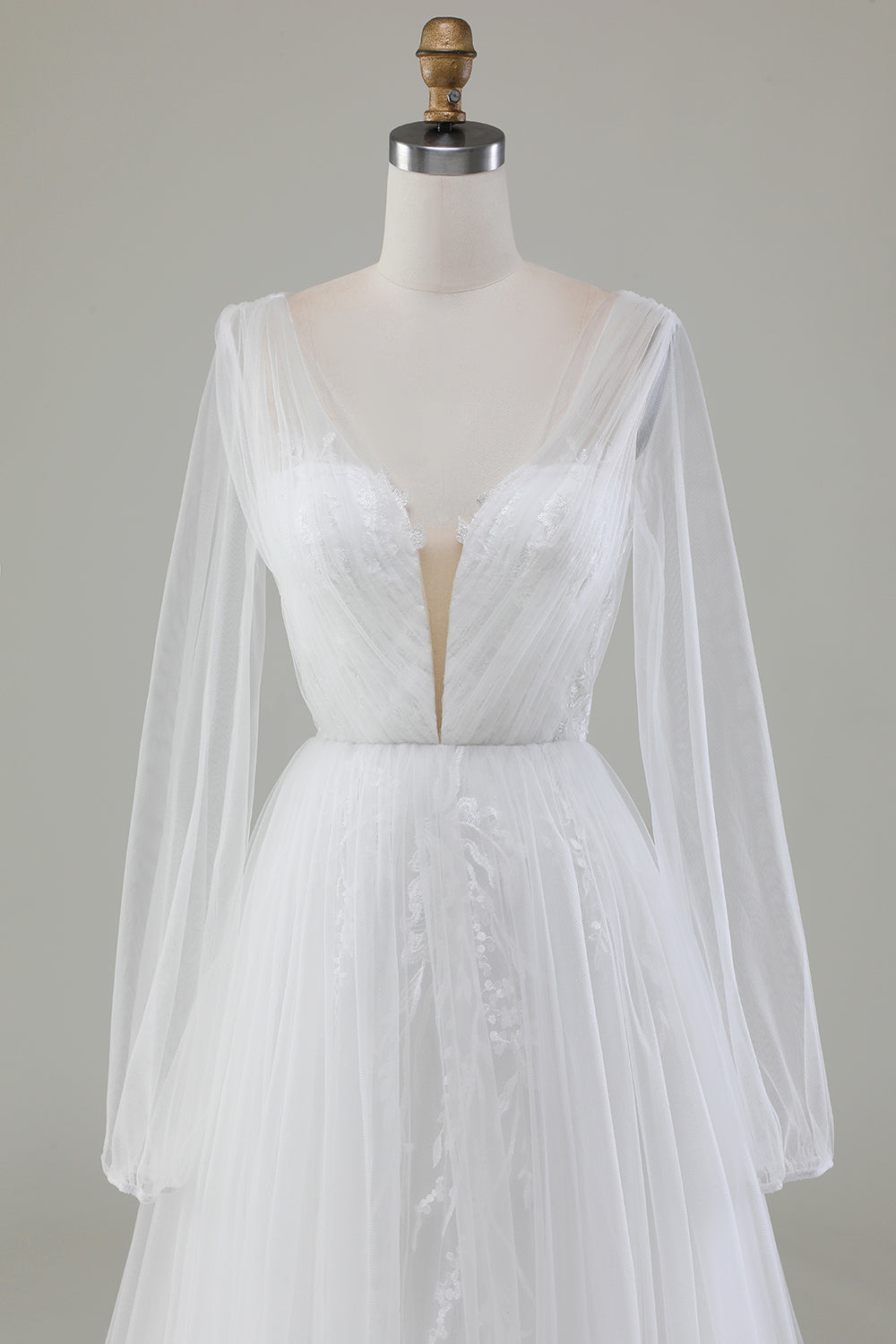 A-Line V-Neck Tulle Sweep Train Wedding Dress With Long Sleeves Sexy
