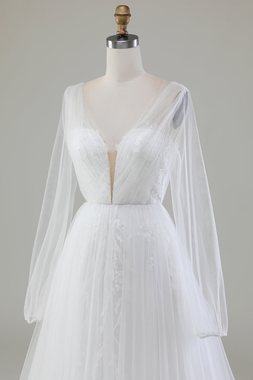 A-Line V-Neck Tulle Sweep Train Wedding Dress With Long Sleeves Sexy