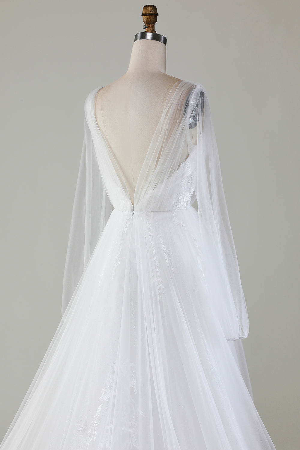 A-Line V-Neck Tulle Sweep Train Wedding Dress With Long Sleeves Sexy
