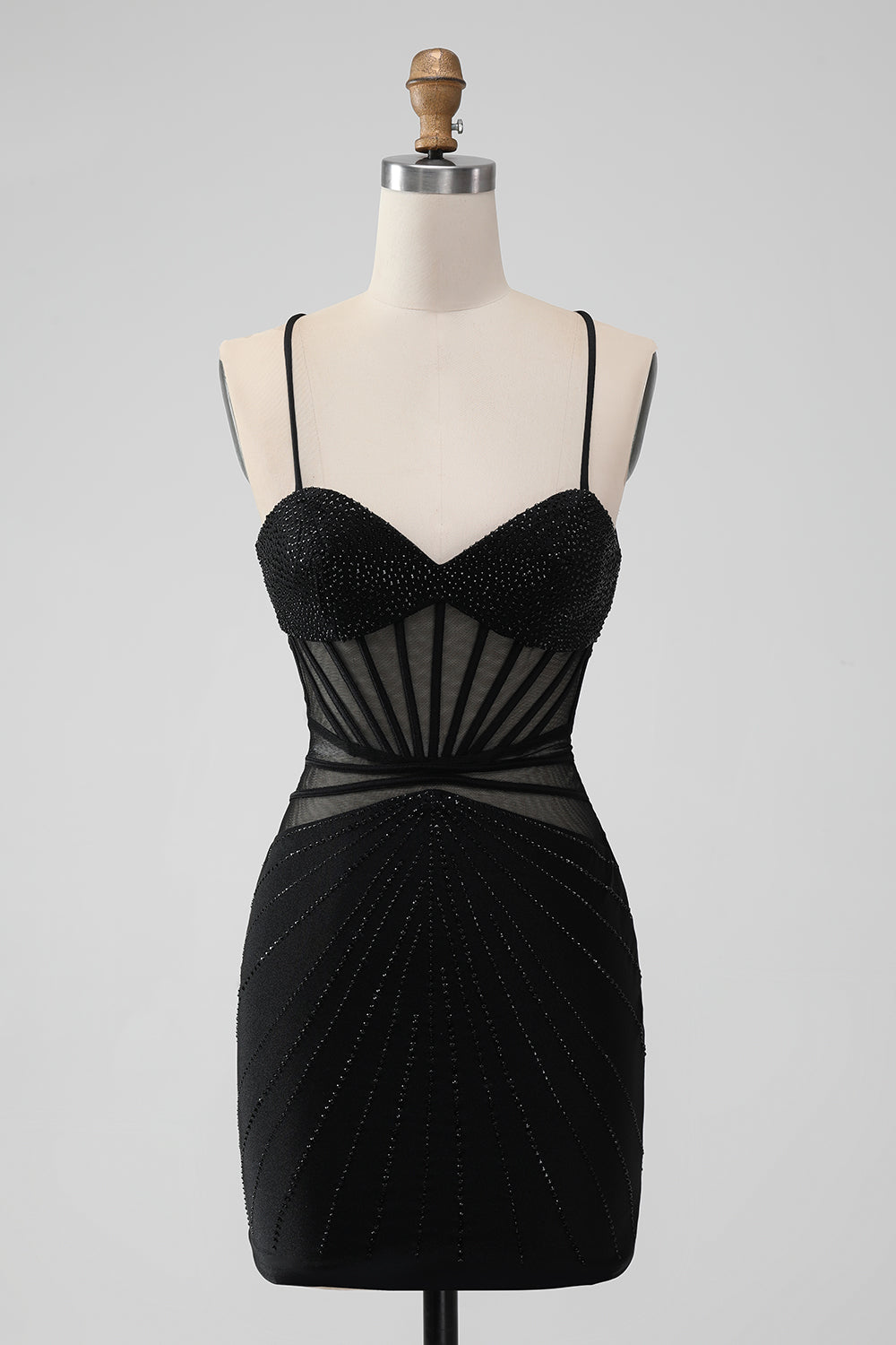 Sparkly Black Mermaid Lace-Up Back Sheer Short Homecoming Dress with Beading Sexy