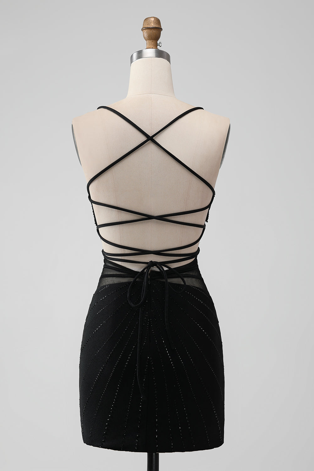 Sparkly Black Mermaid Lace-Up Back Sheer Short Homecoming Dress with Beading Sexy