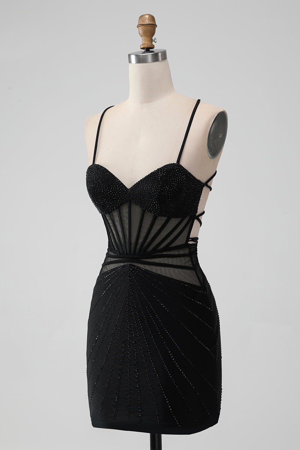 Sparkly Black Mermaid Lace-Up Back Sheer Short Homecoming Dress with Beading Sexy