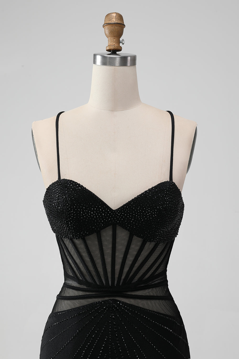 Sparkly Black Mermaid Lace-Up Back Sheer Short Homecoming Dress with Beading Sexy