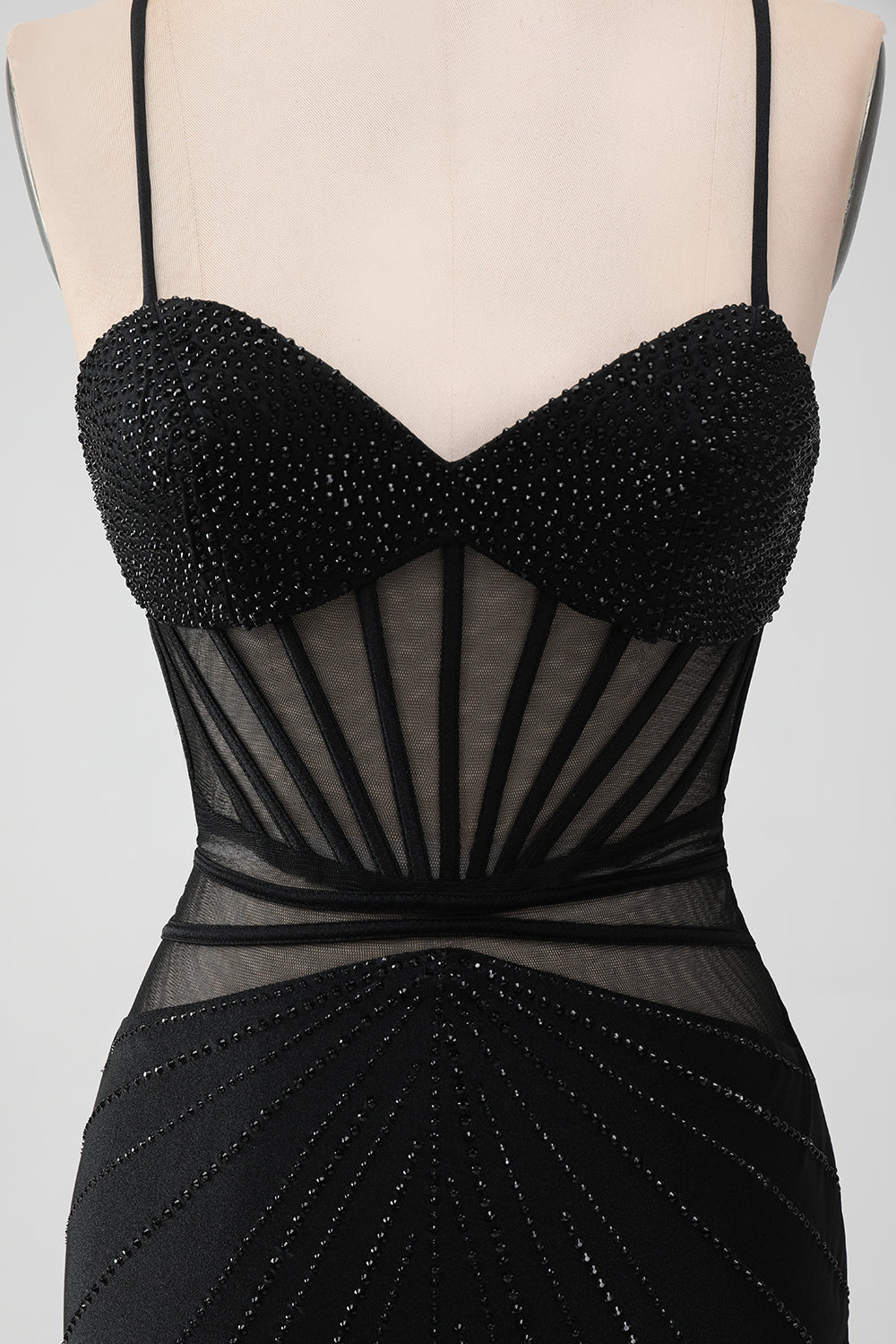 Sparkly Black Mermaid Lace-Up Back Sheer Short Homecoming Dress with Beading Sexy