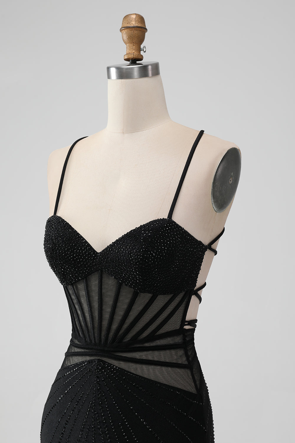 Sparkly Black Mermaid Lace-Up Back Sheer Short Homecoming Dress with Beading Sexy