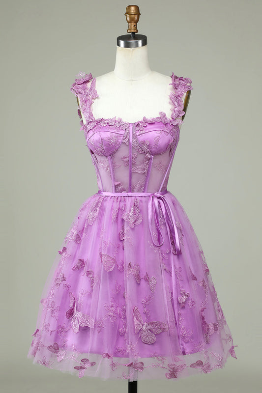 Cute Purple A Line Corset Short Homecoming Dress with Appliques Beautiful