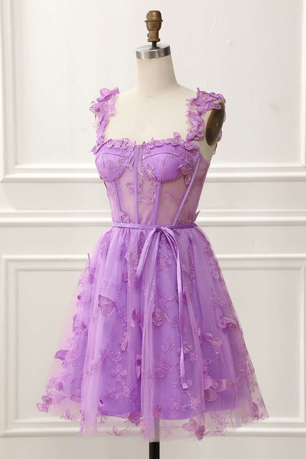 Purple A-Line Corset Homecoming Dress With Butterflies Short