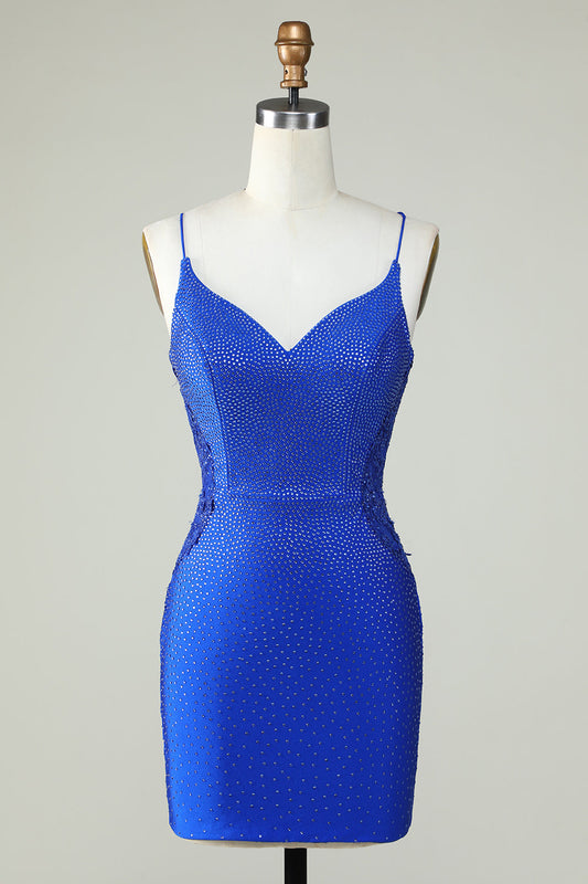 Beaded Spaghetti Straps Royal Blue Tight Homecoming Dress V-neck