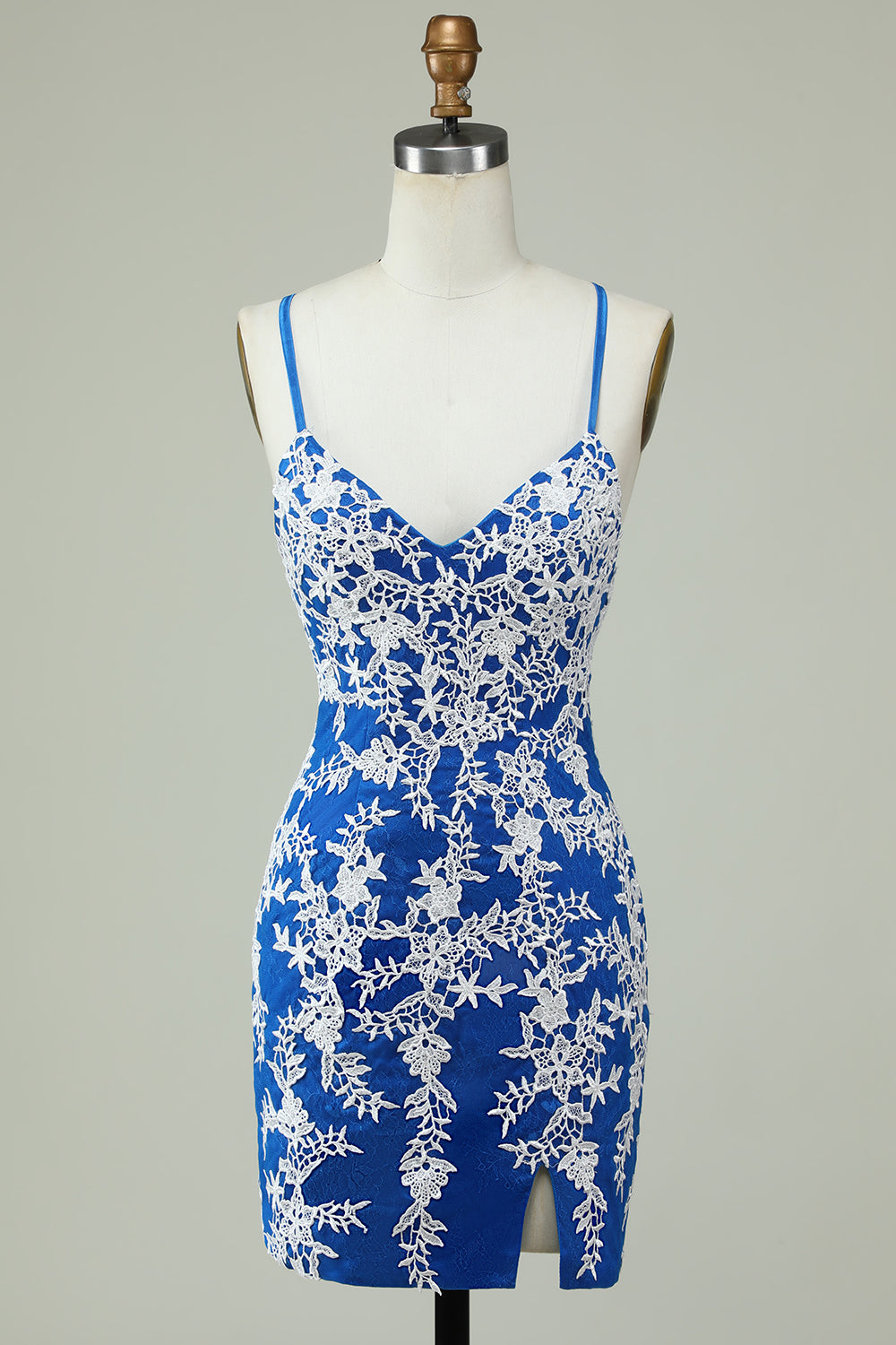 Spaghetti Straps Blue Sheath Homecoming Dress With Appliques V-neck