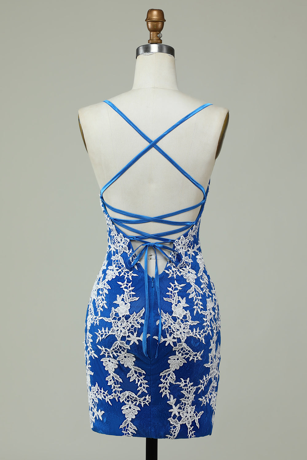 Spaghetti Straps Blue Sheath Homecoming Dress With Appliques V-neck