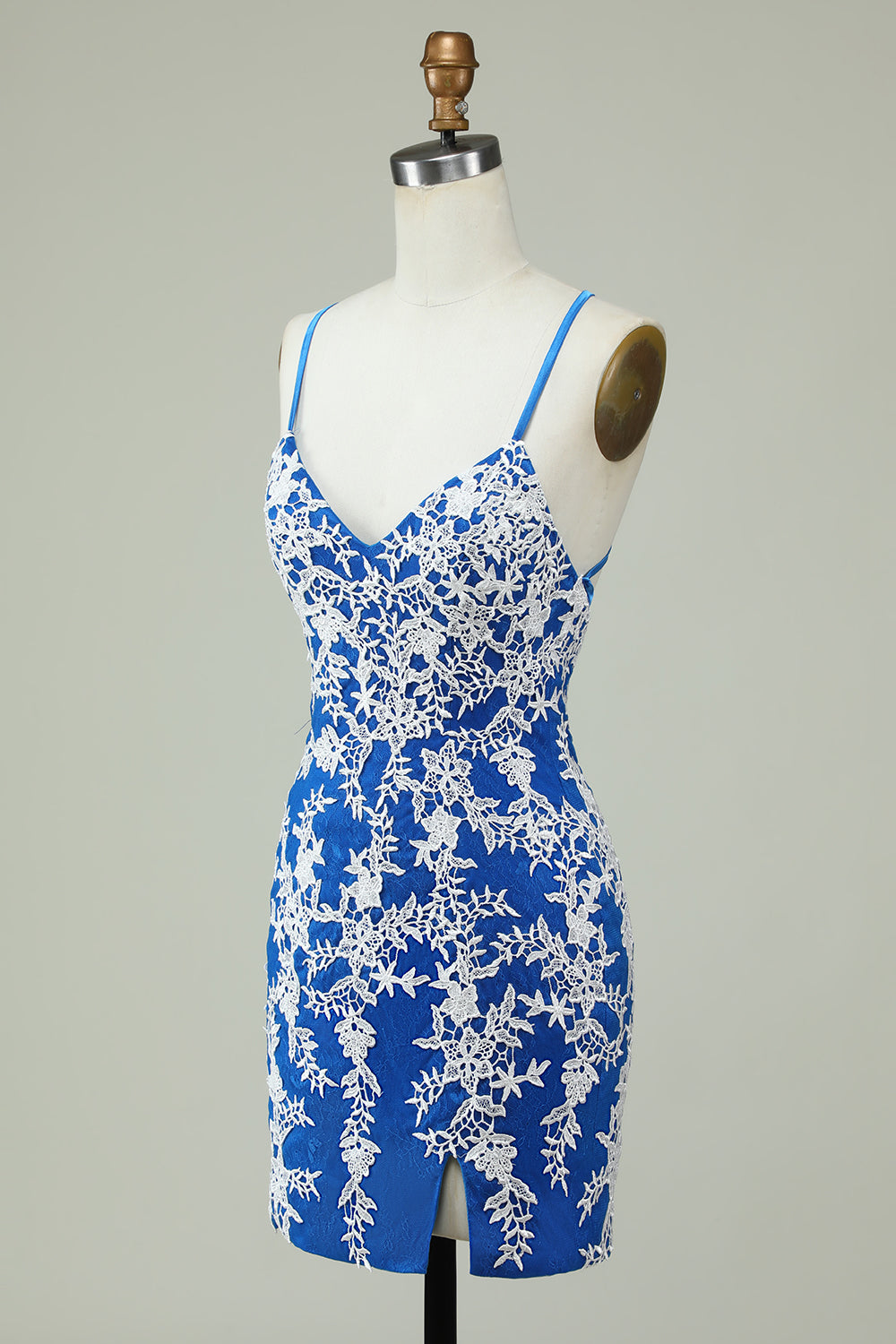 Spaghetti Straps Blue Sheath Homecoming Dress With Appliques V-neck