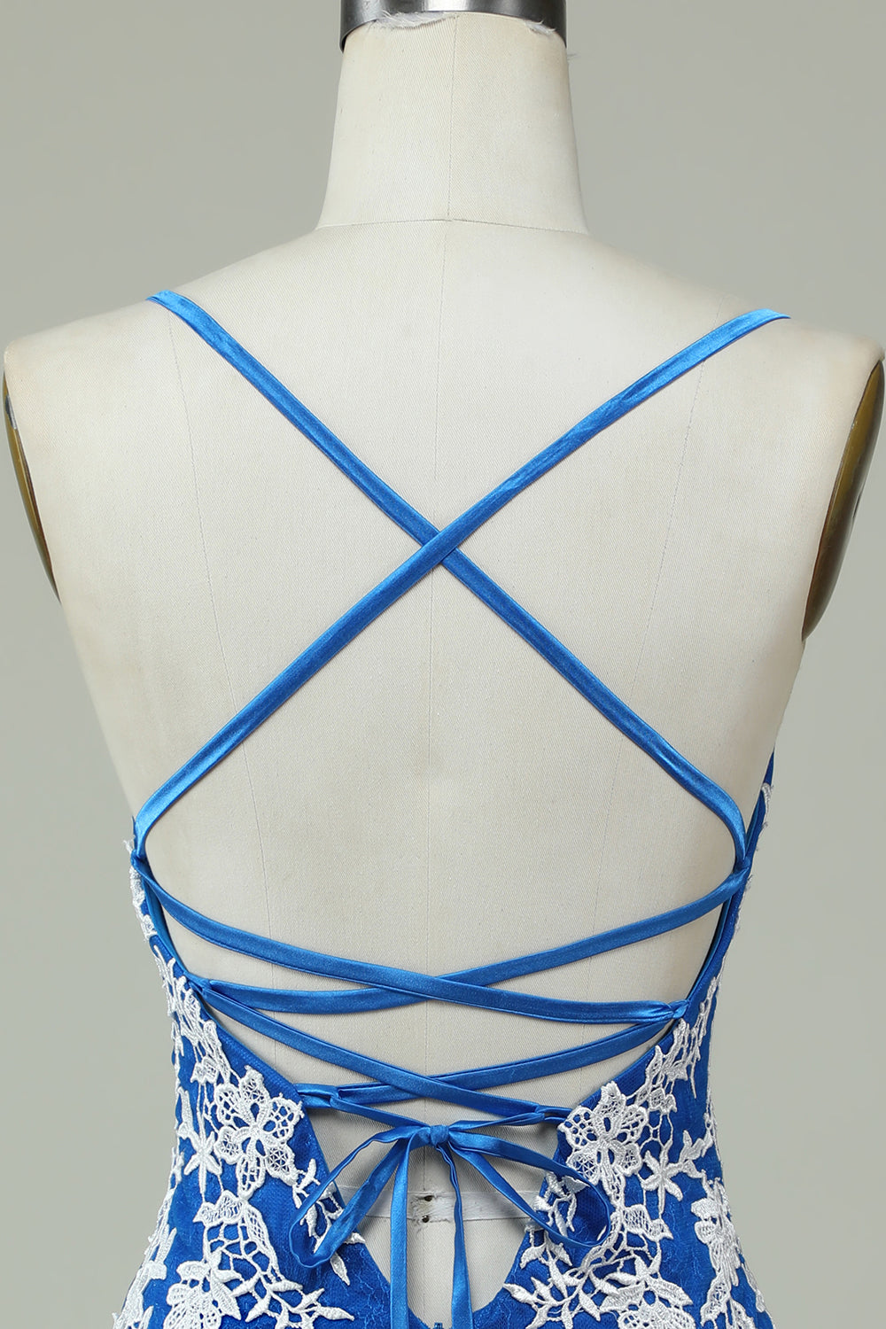 Spaghetti Straps Blue Sheath Homecoming Dress With Appliques V-neck