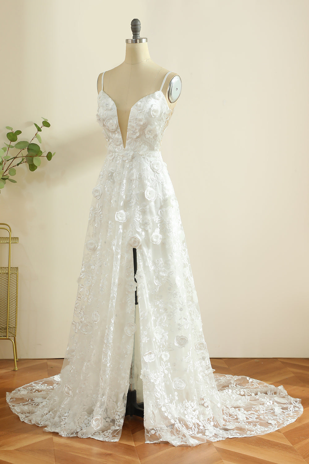 White A-Line Spaghetti Straps Sweep Train Boho Wedding Dress with Slit Sexy