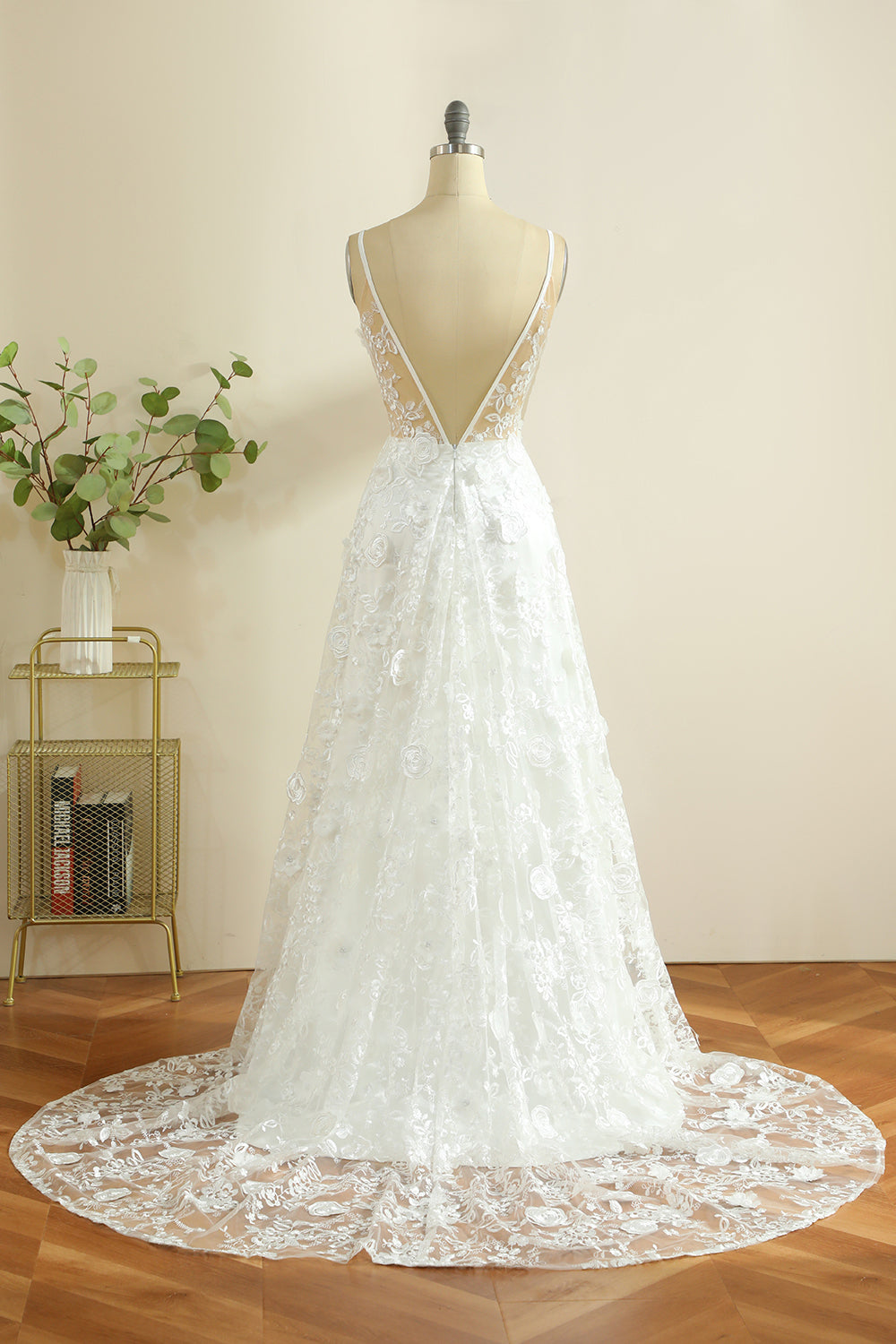 White A-Line Spaghetti Straps Sweep Train Boho Wedding Dress with Slit Sexy