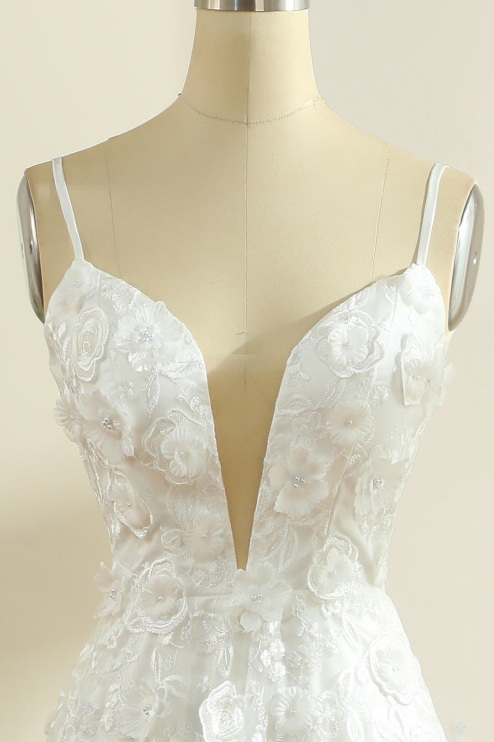 White A-Line Spaghetti Straps Sweep Train Boho Wedding Dress with Slit Sexy
