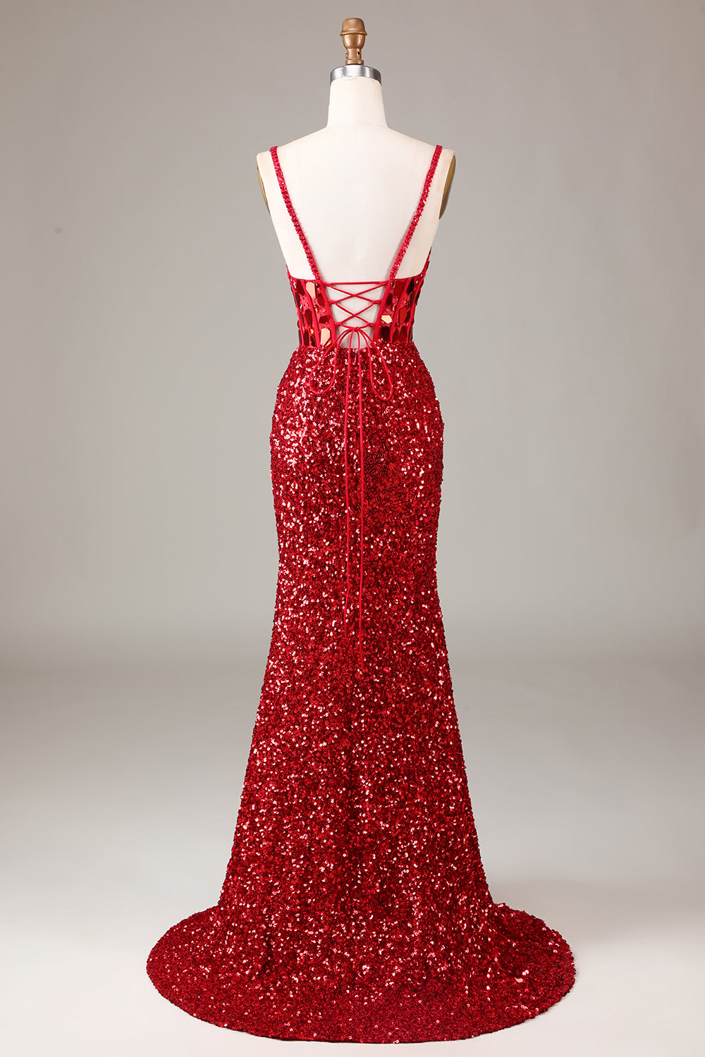 Sparkly Red Corset Long Mirror Prom Dress With Slit Sexy Evening Dresses