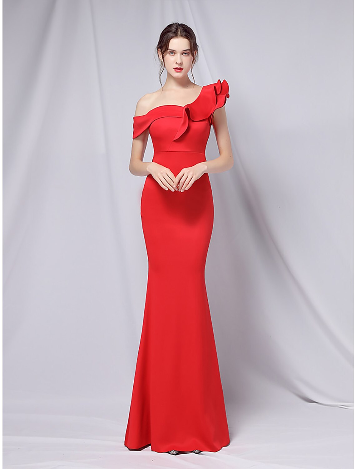Mermaid / Trumpet Evening Gown Empire Dress Wedding Guest Floor Length Short Sleeve One Shoulder Stretch Satin
