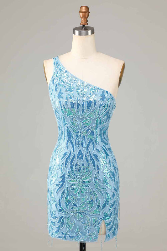Blue Sheath One Shoulder Sequins Short Homecoming Dress Sexy