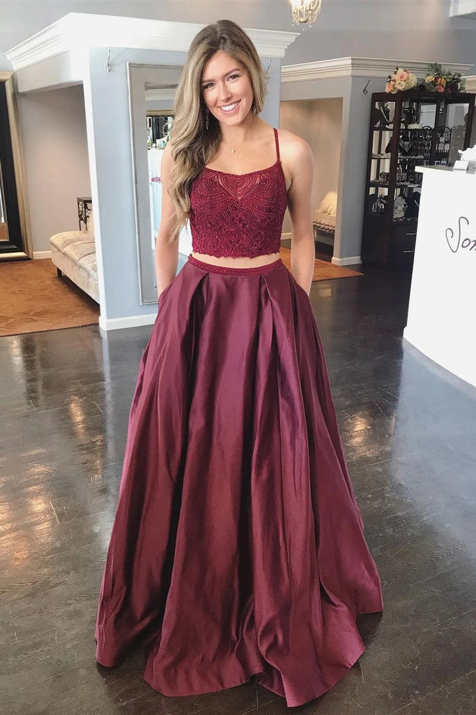 Straps Two Piece Satin & Lace With Beads A Line Prom Dresses Sexy Evening Dresses