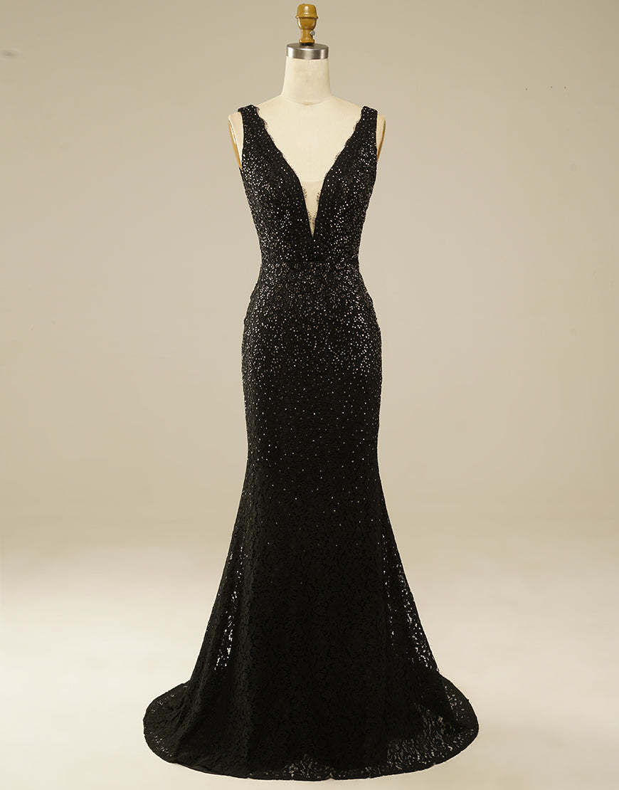 Elegant Glitter Rhinestone Lace Long Black Prom Dress Sexy