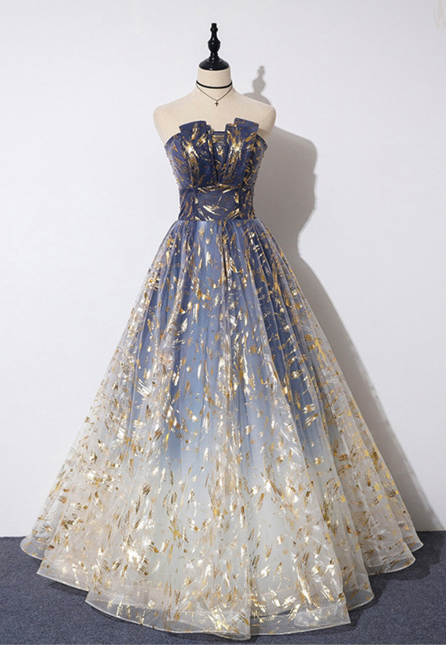 A-Line Strapless Tulle Long Prom Dresses Cute Evening Party Dresses Sparkly
