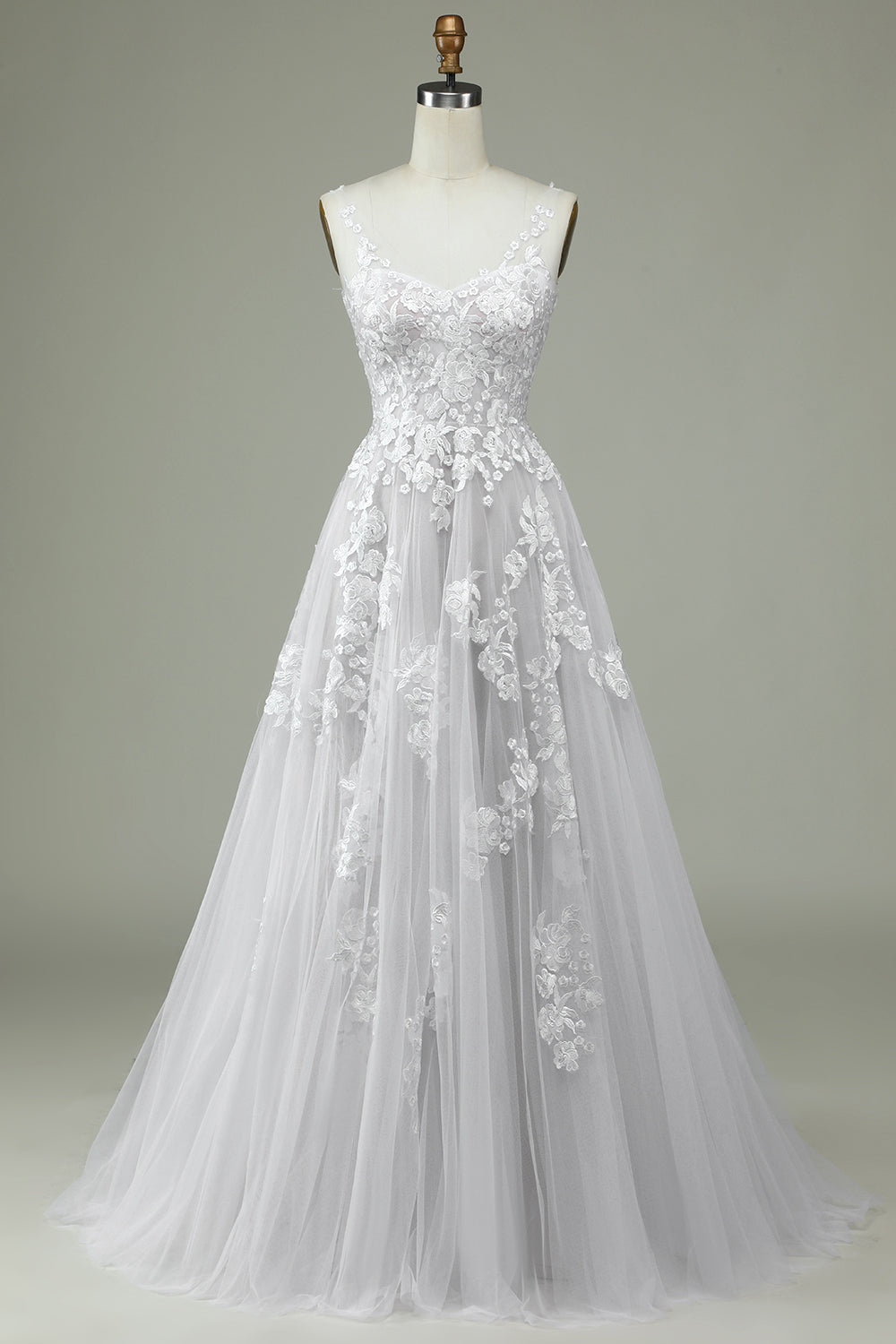 Ivory A Line Sweep Train Tulle Backless Wedding Dress with Lace Open Back