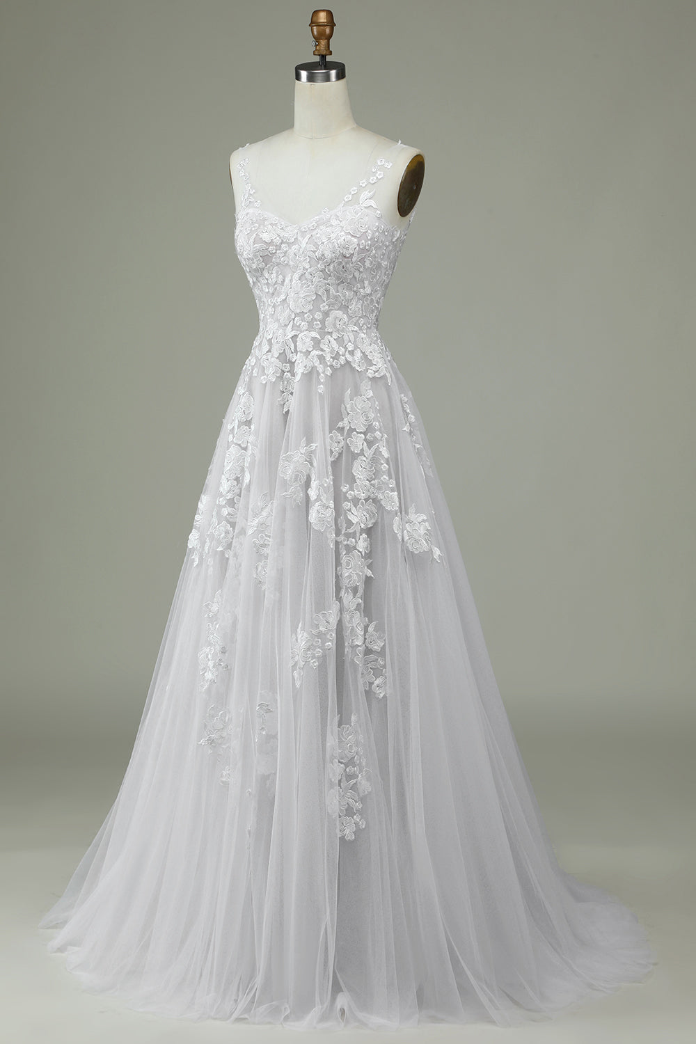 Ivory A Line Sweep Train Tulle Backless Wedding Dress with Lace Open Back
