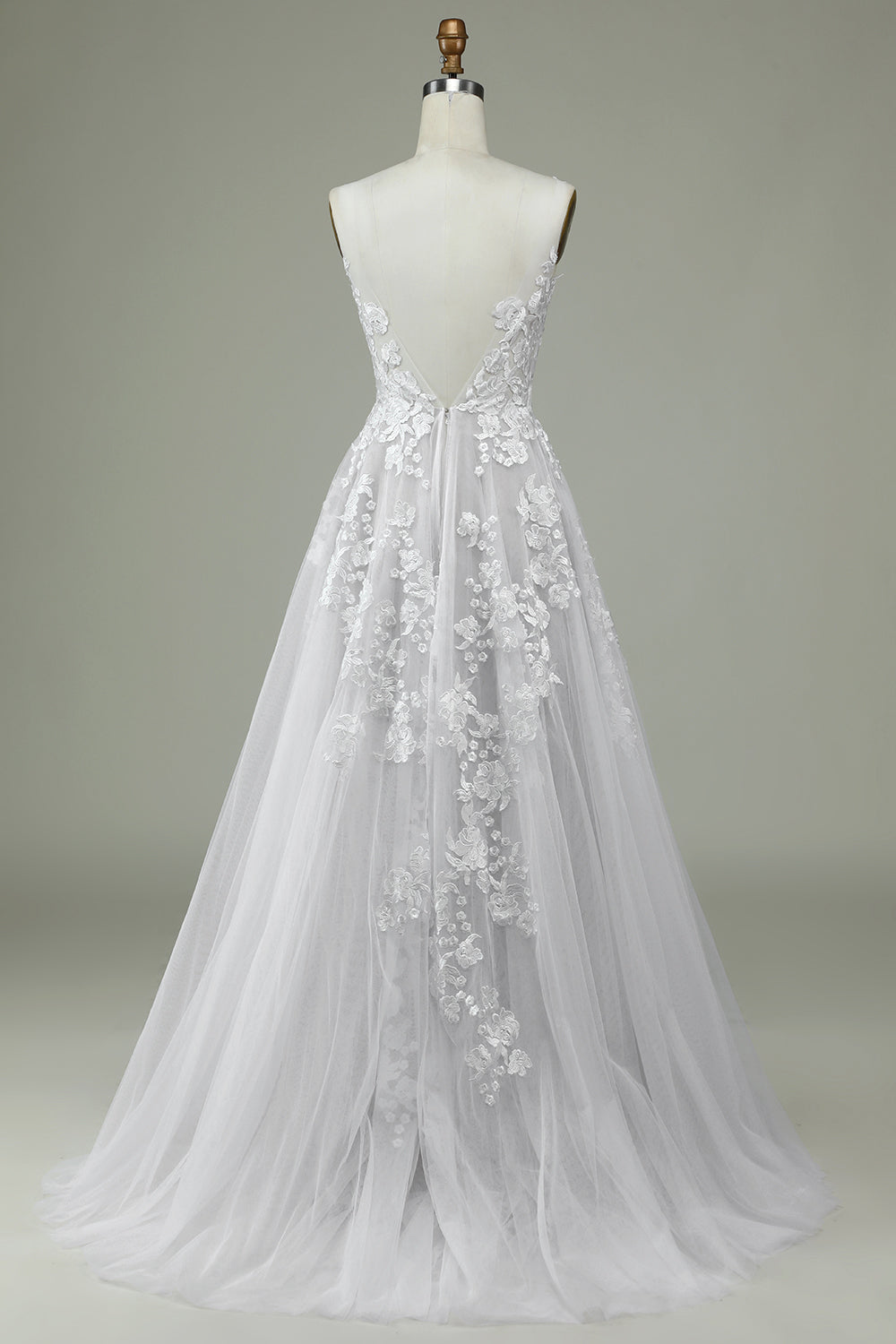 Ivory A Line Sweep Train Tulle Backless Wedding Dress with Lace Open Back