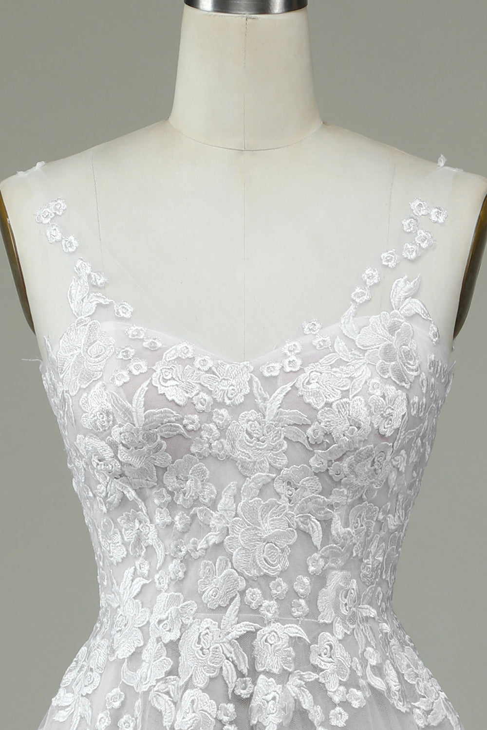Ivory A Line Sweep Train Tulle Backless Wedding Dress with Lace Open Back
