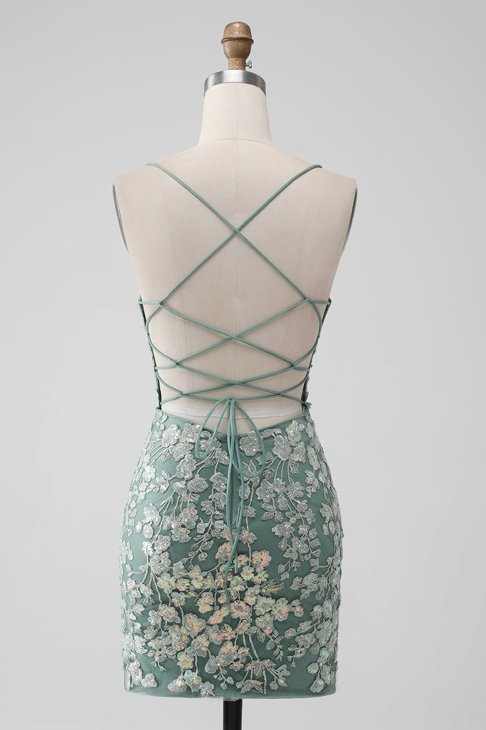 Grey Green Bodycon Lace-up Back Short Homecoming Dress with Sequin Appliqued Sexy