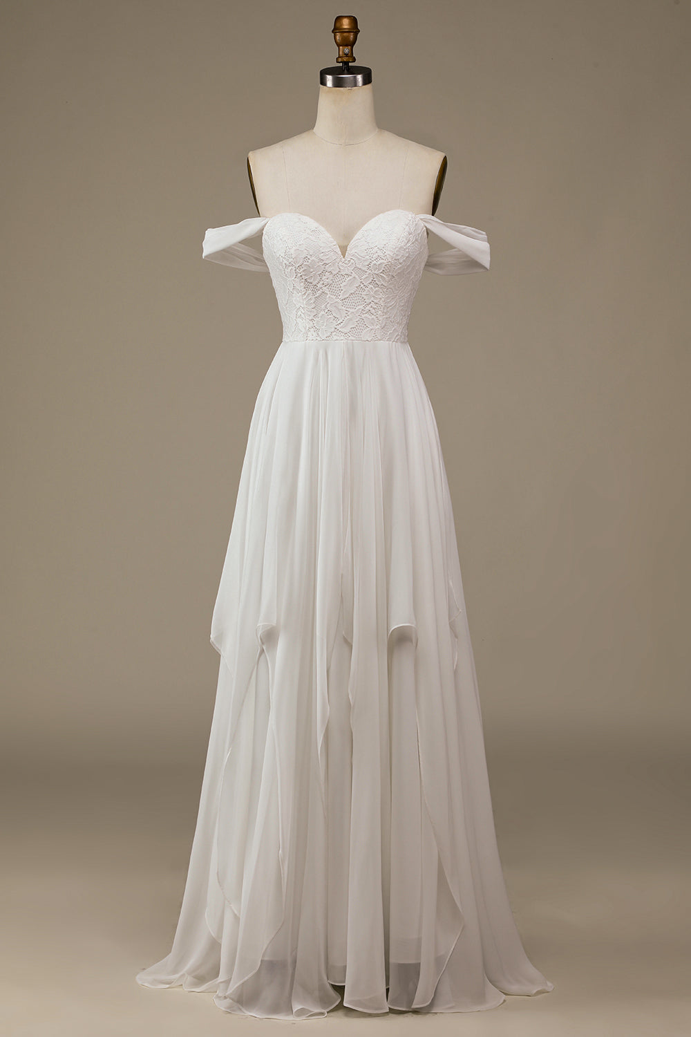 Ivory Asymmetrical Boho Chiffon Wedding Dress with Lace Off Shoulder