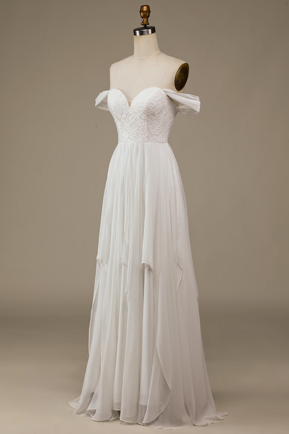 Ivory Asymmetrical Boho Chiffon Wedding Dress with Lace Off Shoulder
