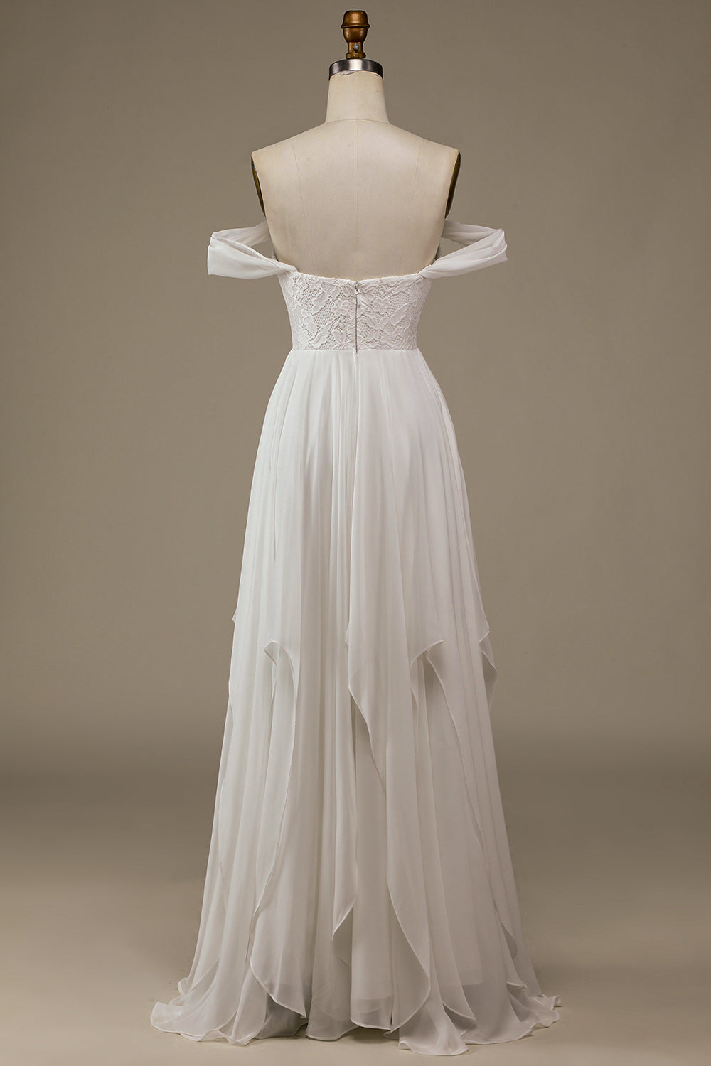 Ivory Asymmetrical Boho Chiffon Wedding Dress with Lace Off Shoulder