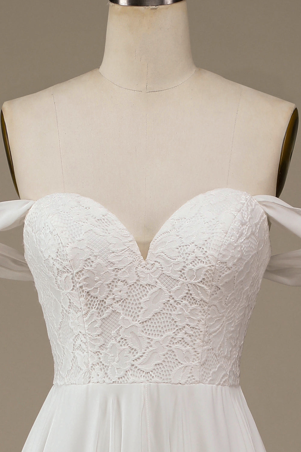 Ivory Asymmetrical Boho Chiffon Wedding Dress with Lace Off Shoulder