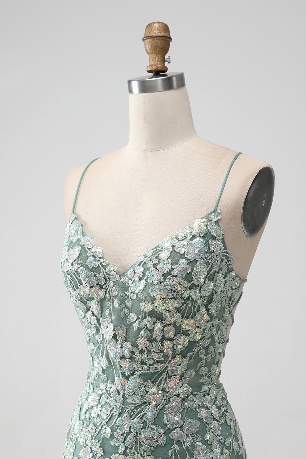 Grey Green Bodycon Lace-up Back Short Homecoming Dress with Sequin Appliqued Sexy