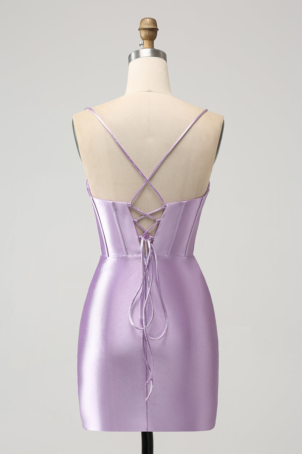 Lilac Bodycon Spaghetti Straps Corset Satin Short Homecoming Dress Pure Color