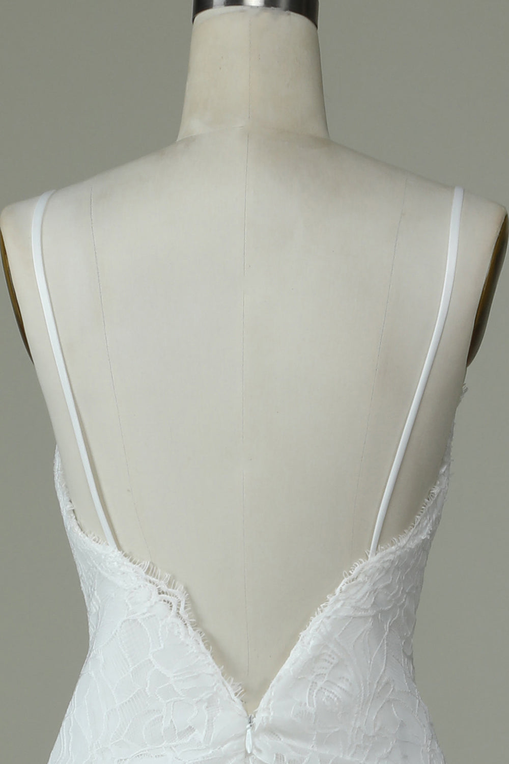 White Mermaid Spaghetti Straps Backless Wedding Dress with Lace V-neck