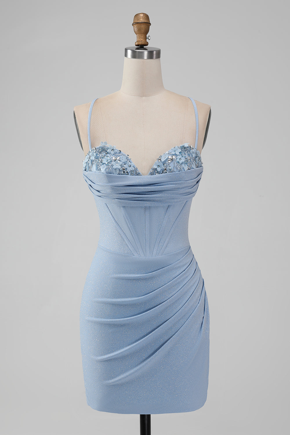 Light Blue Bodycon Spaghetti Straps Corset Short Homecoming Dress With Flowers