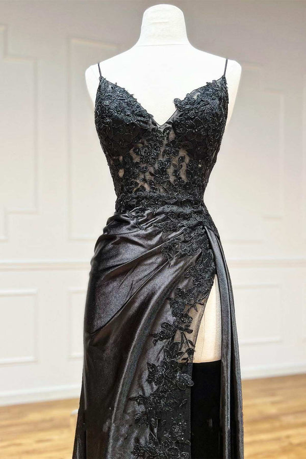 Sheath Black Long Appliques Prom Dress Sexy Evening Dresses With Slit