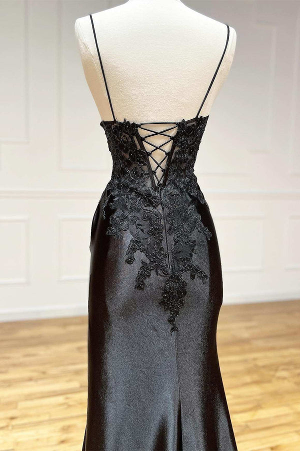Sheath Black Long Appliques Prom Dress Sexy Evening Dresses With Slit