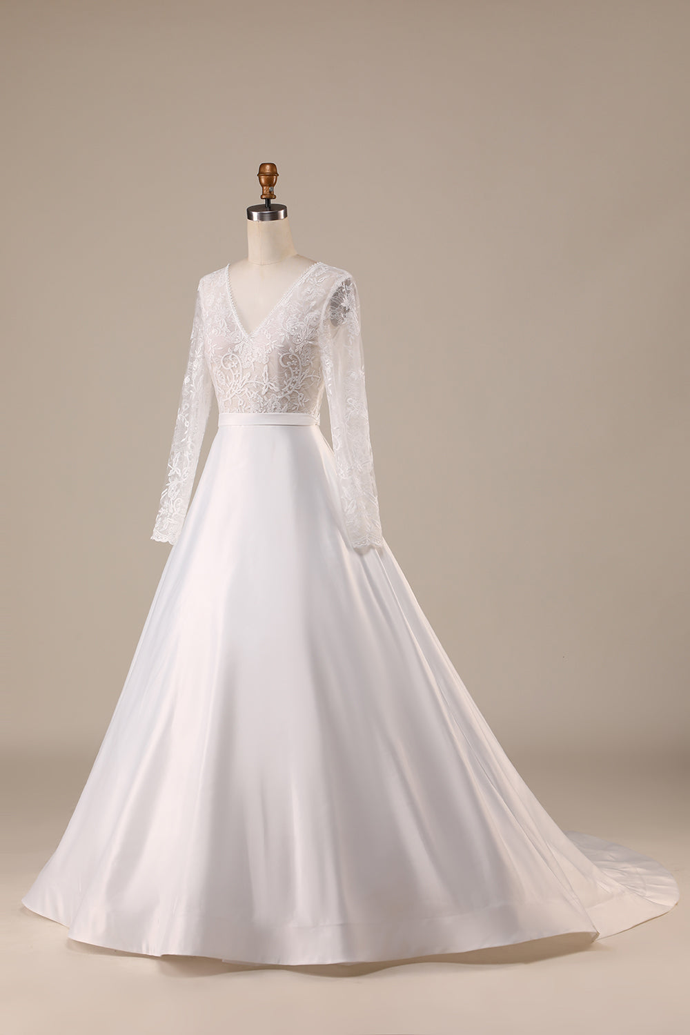 Ivory A Line Tulle Backless Wedding Dress with Long Sleeves V-neck