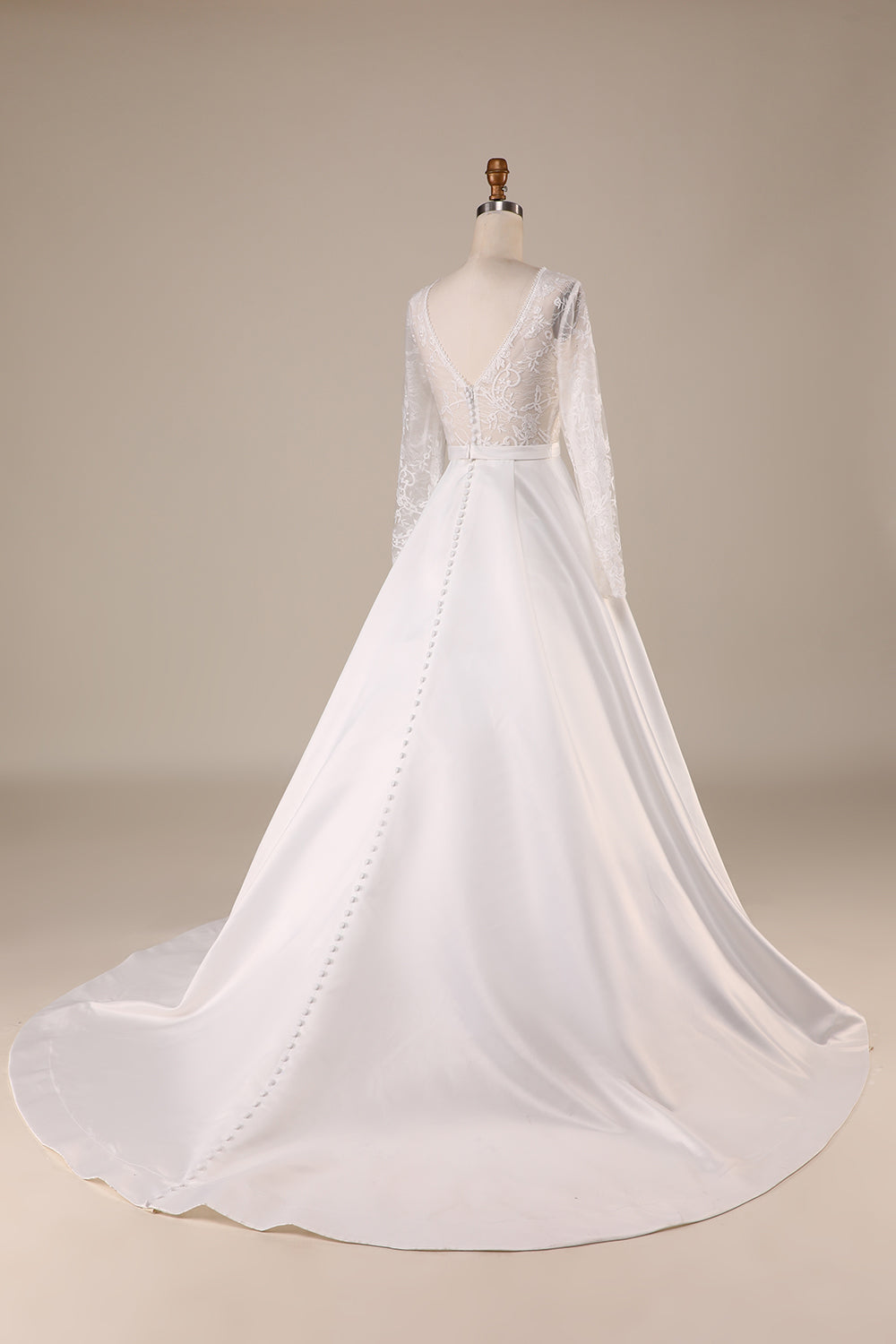 Ivory A Line Tulle Backless Wedding Dress with Long Sleeves V-neck