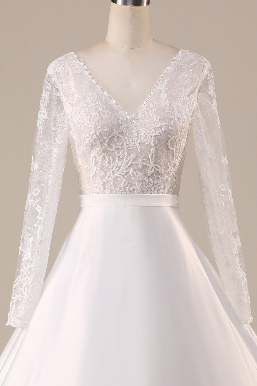 Ivory A Line Tulle Backless Wedding Dress with Long Sleeves V-neck
